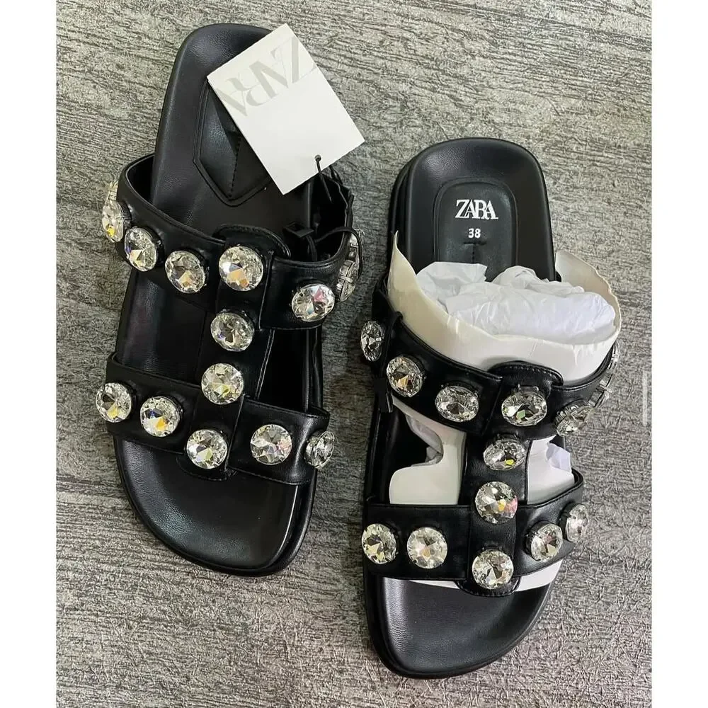 ZARA Black Crystal Embellished Flat Sandals NWT Double Strap Gem Slides Size 7.5 - Picture 8 of 16